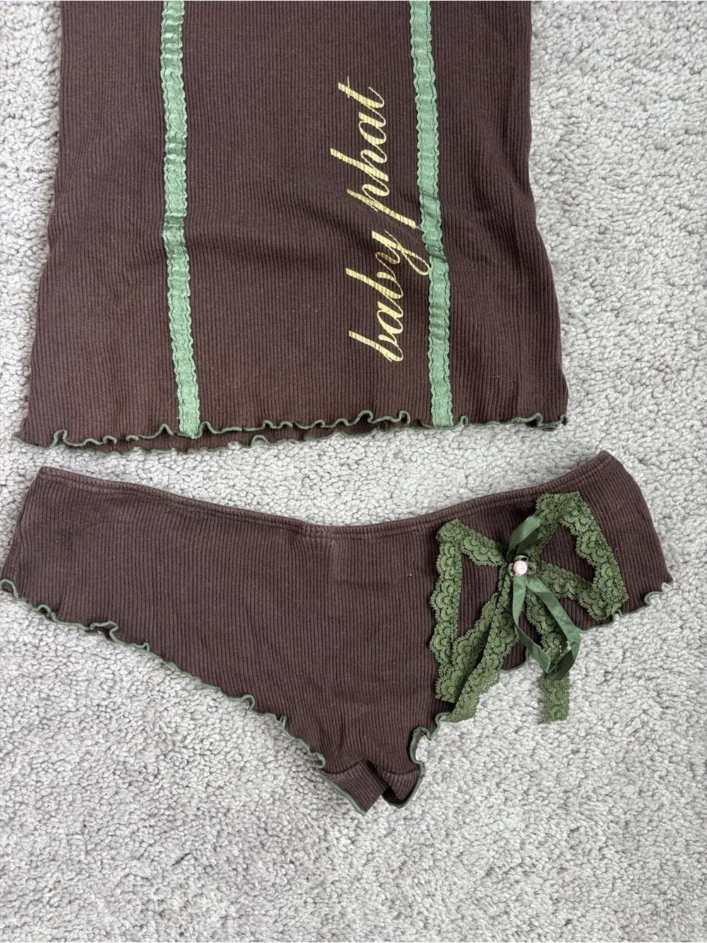 Vintage Y2K Baby Phat Lace Pajama Set Brown Green Small 2 Piece Set Ribbed Cami